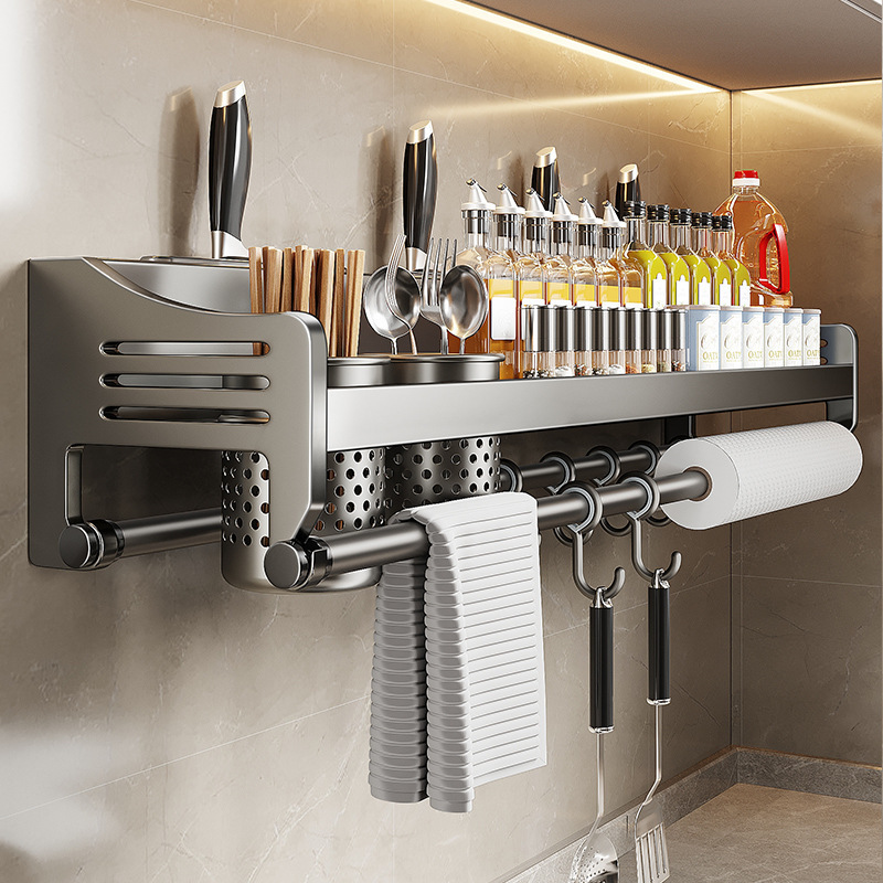 Perforation-free kitchen storage rack, multi-functional chopstick and knife rack, comprehensive household condiment supplies, storage wall-mounted rack full figure