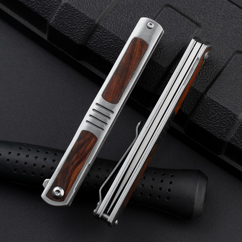 Stainless steel solid wood handle steel folding knife, outdoor magic pen knife, sharp fruit knife, high-hardness folding portable knife Specification drawing