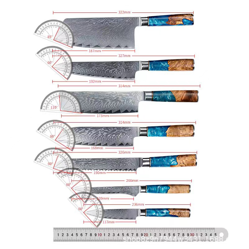 Damascus Kitchen knife set of 9 pieces: Stainless steel kitchen knife, sharp slicing knife, Japanese cuisine chef's knife details Picture