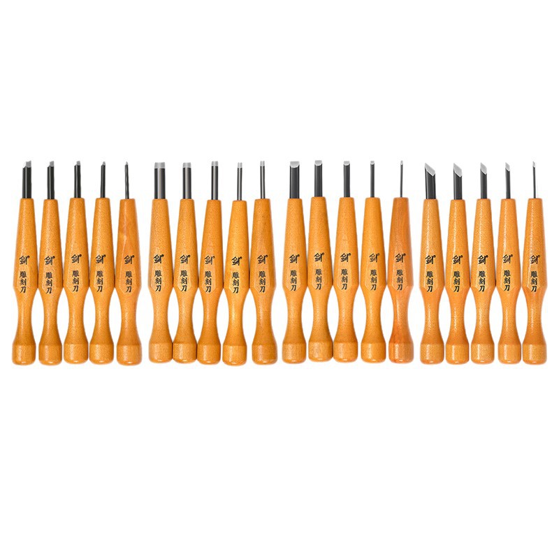 High-quality Japanese beech wood engraving knife set of 20 pieces, canvas bag, semi-round mouth in stock, gourd-style handle bevel knife Item Picture