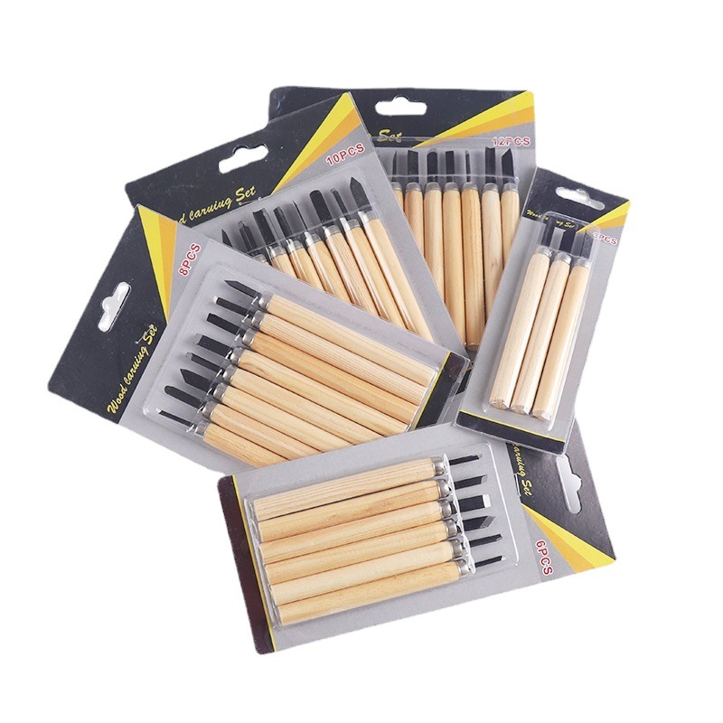 65 manganese steel pine wood handle engraving knife woodworking engraving set student hand engraving tool set Item Picture