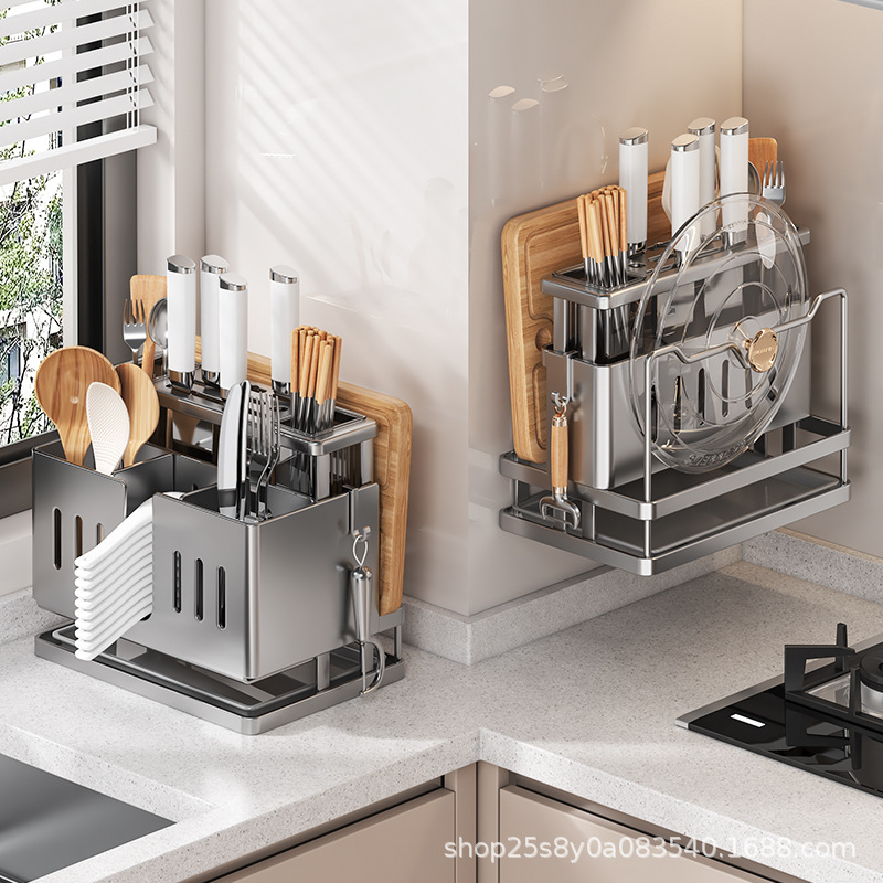 New multi-functional knife rack, chopstick storage box, integrated storage rack, kitchen storage rack, countertop wall-mounted chopping board rack Application Scenario