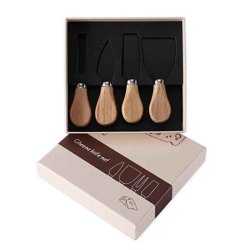 The manufacturer supplies a stainless steel cheese knife box set of 4 pieces, a cheese tool set for kitchen assistants Specification drawing