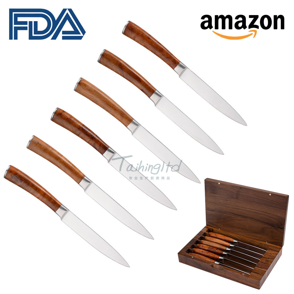 New six-piece set of shadow wood handle steak knife, 6-piece set of stainless steel 420J2 steak knife and fork, walnut wood box details Picture