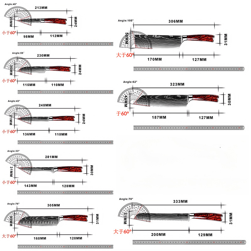 Original manufacturer's red resin handle Damascus laser pattern set meat slicer, chef's knife, Santoku knife Application Scenario