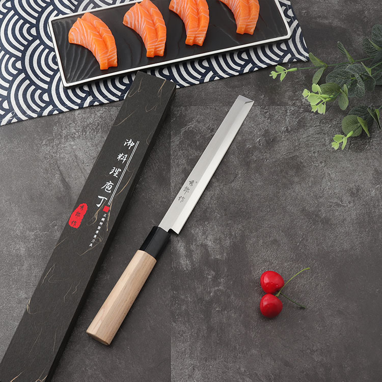 Japanese cuisine knife, willow blade knife, flat head sashimi knife, raw fish knife, salmon cutting knife, fish knife, sushi knife, kitchen knife full figure