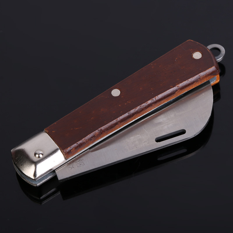 Wholesale straight-edge electrician knife cutting tools, wire stripping, bent edge, foldable wooden handle, insulated stripping knife Specification drawing