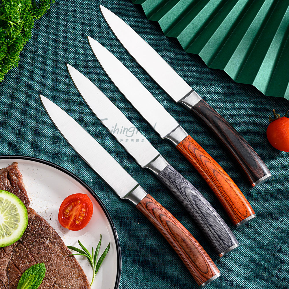 New Color Wooden handle steak knife set, 6pcs steak knife set, Sharp style full figure