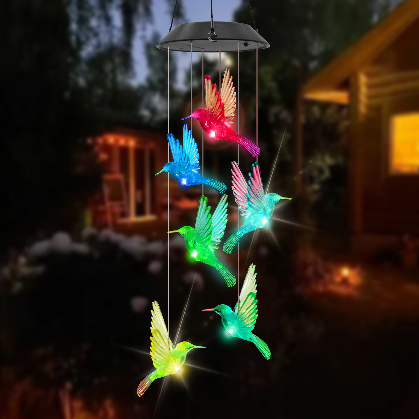 Cross-border outdoor courtyard solar lights, led solar wind chime lights, hummingbird hanging pendant lights, landscape decorative colored lights details Picture