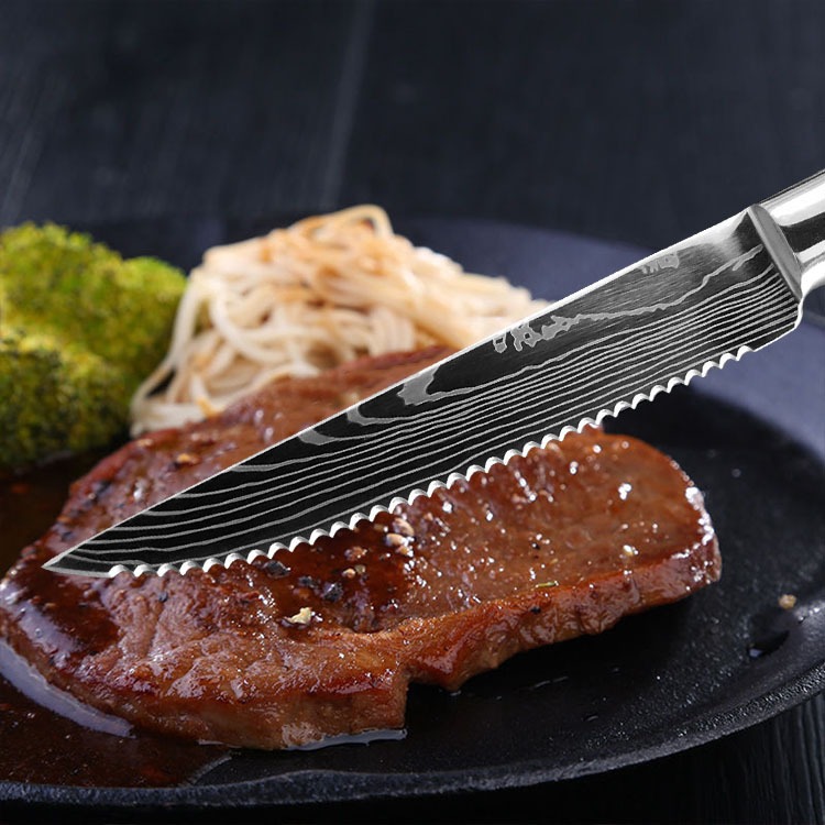 Cross-border hot Damask patterned steak knife, multi-functional chef knife, kitchen serrated knife, Western steak knife details Picture