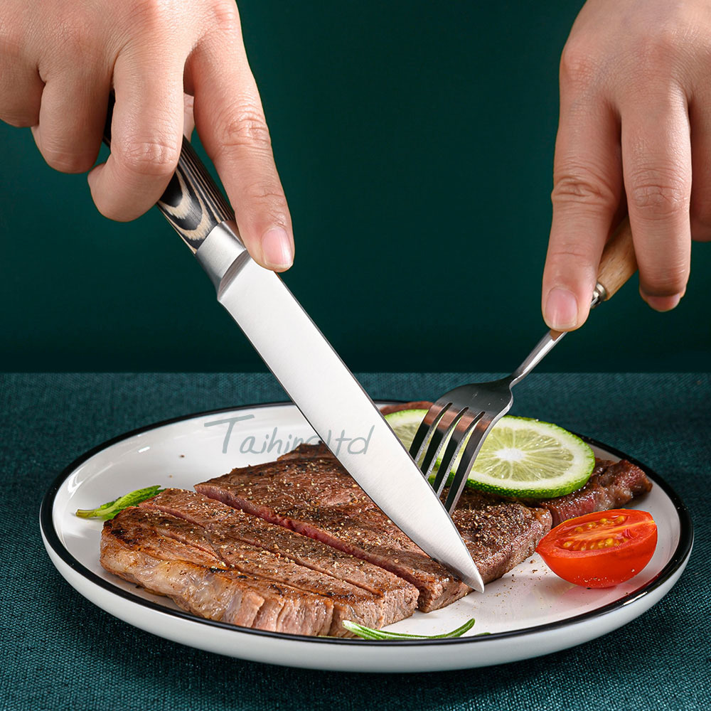 Six-piece stainless steel steak knife, black and white colored wooden handle steak knife, commercial and household Western cuisine knife and fork set Application Scenario