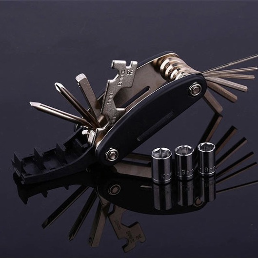 Bicycle repair combination tool 16-in-one screwdriver set, multi-functional folding bike repair and tire patching wrench set Specification drawing