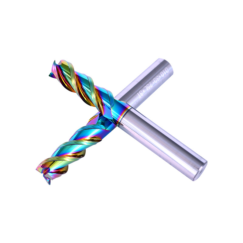 Three-edge tungsten steel alloy extended end mills, special CNC tools for high-gloss coating of seven-color aluminum milling cutters Item Picture
