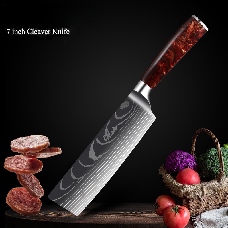 Original manufacturer's red resin handle Damascus laser pattern set meat slicer, chef's knife, Santoku knife Specification drawing