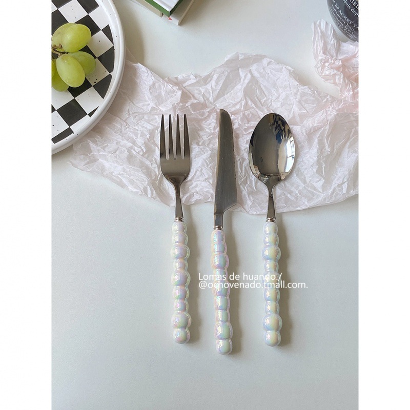 "Gradient Pearl handle tableware" Stainless steel ceramic spoons and forks Western cuisine knife, fork and spoon set for home dining Item Picture