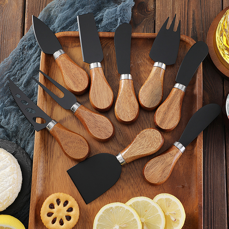 Factory stock stainless steel black non-stick coated cheese knife, butter knife, tableware knife and fork, acacia wood cheese knife details Picture