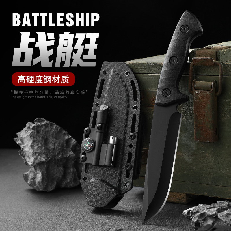 Outdoor knife, straight knife, tactical K sheath knife, camping survival knife with whistle, magnesium stick, compass, flashlight details Picture