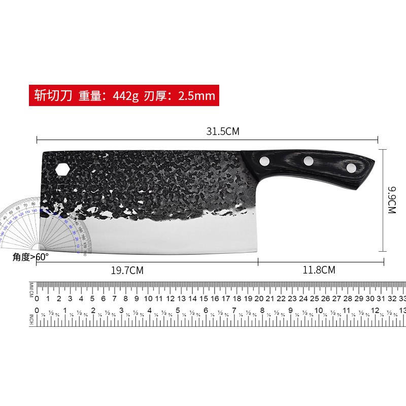 Sharp kitchen knife, express slicing knife, household stainless steel meat and vegetable cutter, black color wood dot pattern three-in-one steel chopping knife Application Scenario