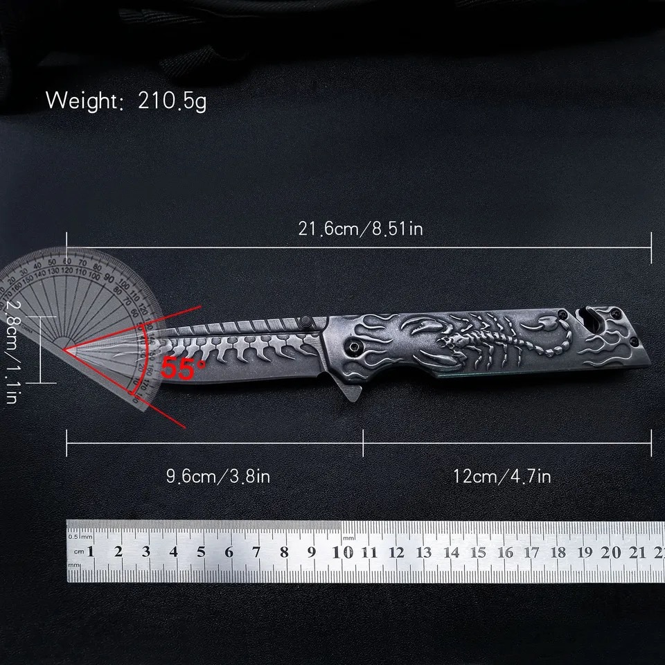 Creative Fire Scorpion Folding knife, all-steel embossed knife, multi-functional portable and exquisite folding knife, factory direct sales and wholesale Specification drawing