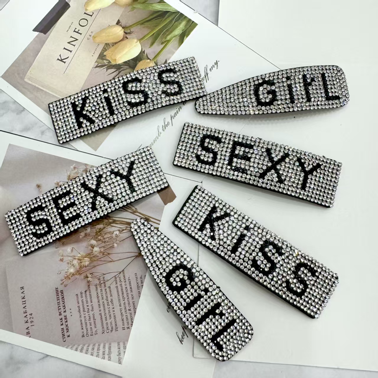 Korean version water diamond love letter BB hair clip, rectangular simple bangs, top clip edge clip headwear Application Scenario