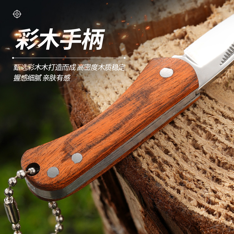 Stainless steel folding knife, folding knife without lock, small color wood portable mini knife, keychain fruit knife, cross-border Specification drawing