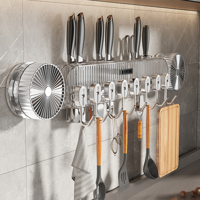 Suction cup row hook knife rack, kitchen wall-mounted multi-functional spatula knife rack without drilling, row hook knife storage rack full figure