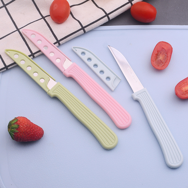 Wholesale portable straight knife for the kitchen, household fruit peel cutting knife, stainless steel colored sleeve mini fruit knife Specification drawing