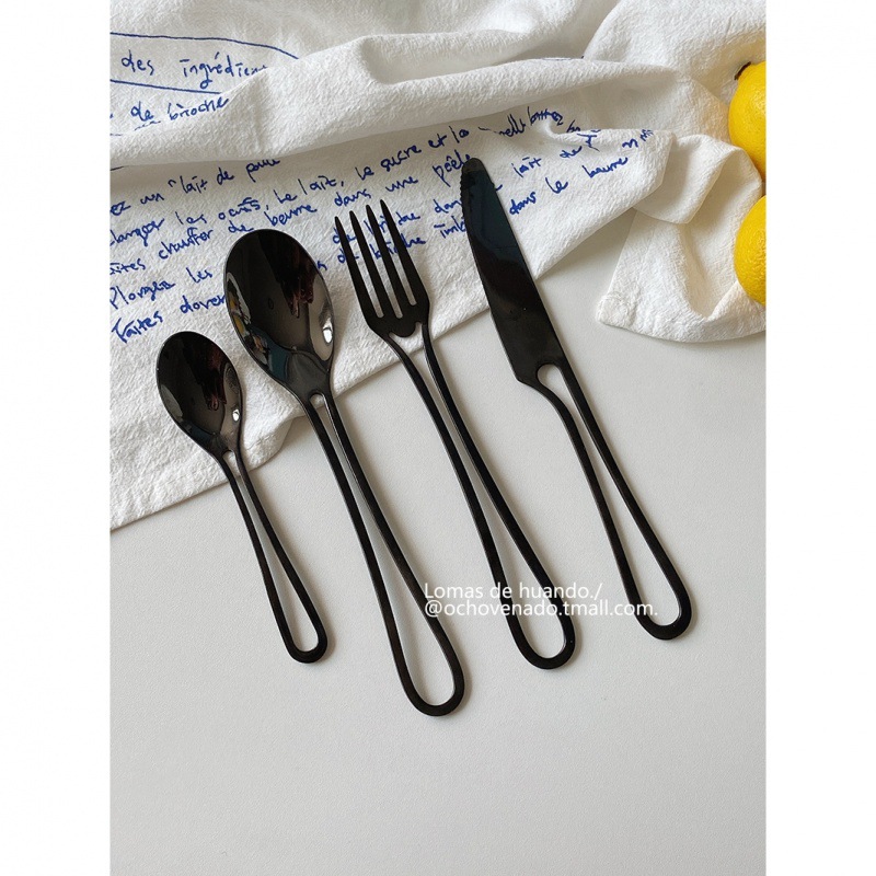 ins style stainless steel knife, fork and spoon Western tableware, metal style, black personality, rice spoon, steak knife, fruit fork, creative full figure