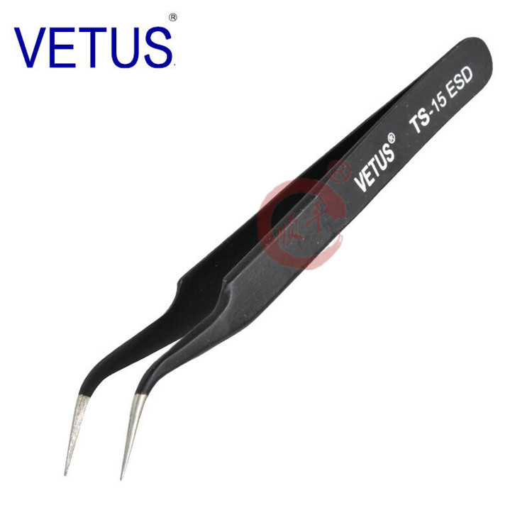VETUS black tweezers, stainless steel pointed and curved tweezers, electrostatic adhesive ESD series TS-15ESD Item Picture