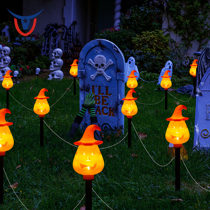 1 drag 6 solar wizard hat pumpkin lanterns 8 functions Halloween atmosphere decorative lights Courtyard lawn led ground socket lights details Picture