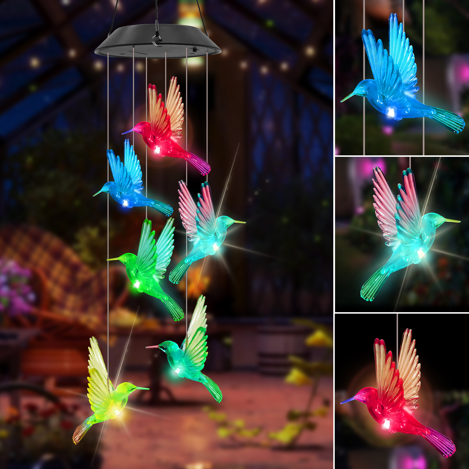 Cross-border outdoor courtyard solar lights, led solar wind chime lights, hummingbird hanging pendant lights, landscape decorative colored lights full figure