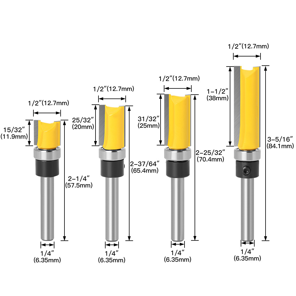 1/4 handle profiling bearing trimming knife, woodworking milling cutter, double-edge bearing straight knife lengthened details Picture