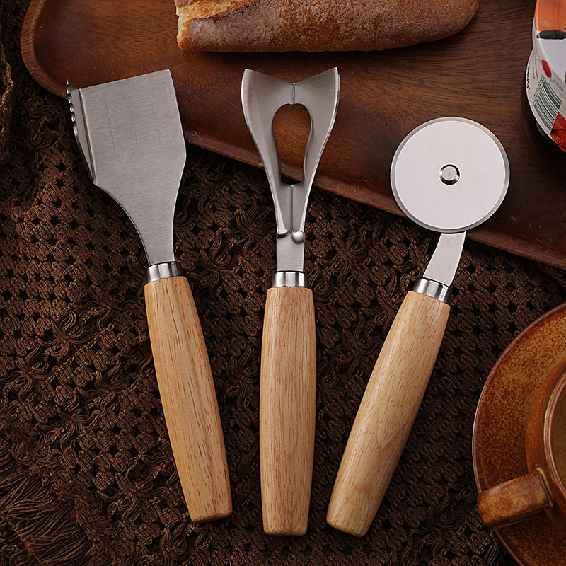 Cross-border stock rubber woodblock cheese and cheese knife, pizza wheel knife, stainless steel triangular right-angle butter cutting knife Specification drawing