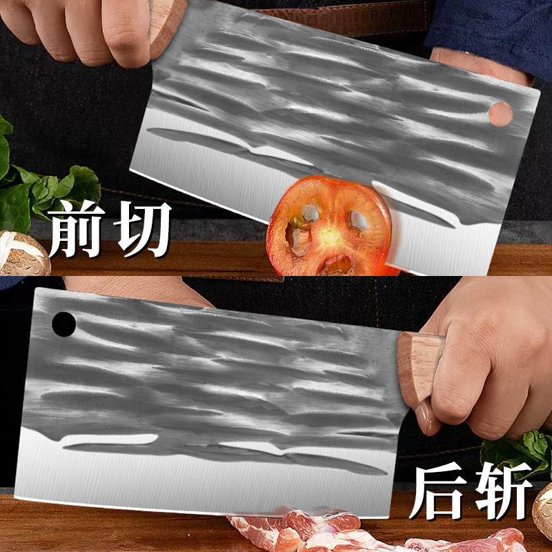 Guangdong Yangjiang multi-functional sharp striped kitchen knife, hammer-textured forged chopping knife, solid wood handle details Picture