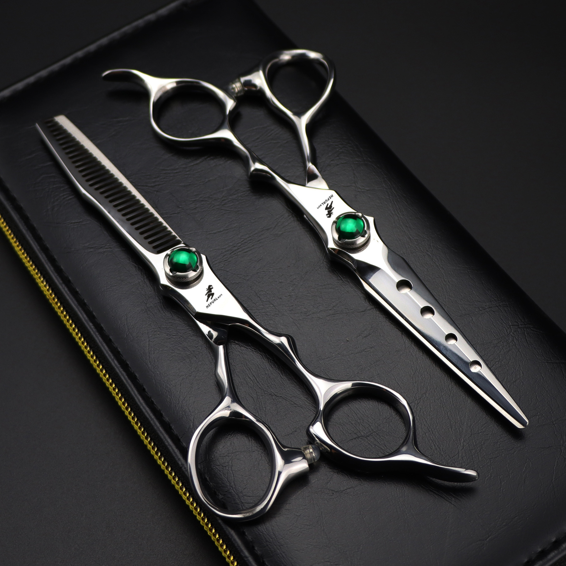 6.0-inch Napson Double Sword Green gemstone hair clipper Straight Cut Teeth clipper 1H Specification drawing
