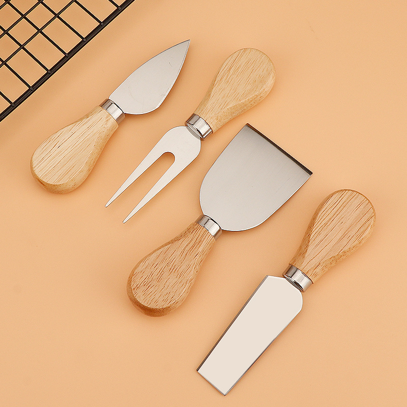 Stainless steel cheese knife 4-piece set, rubber wooden handle cream cutter, pizza cheese knife, fork and spatula, cheese knife set Application Scenario