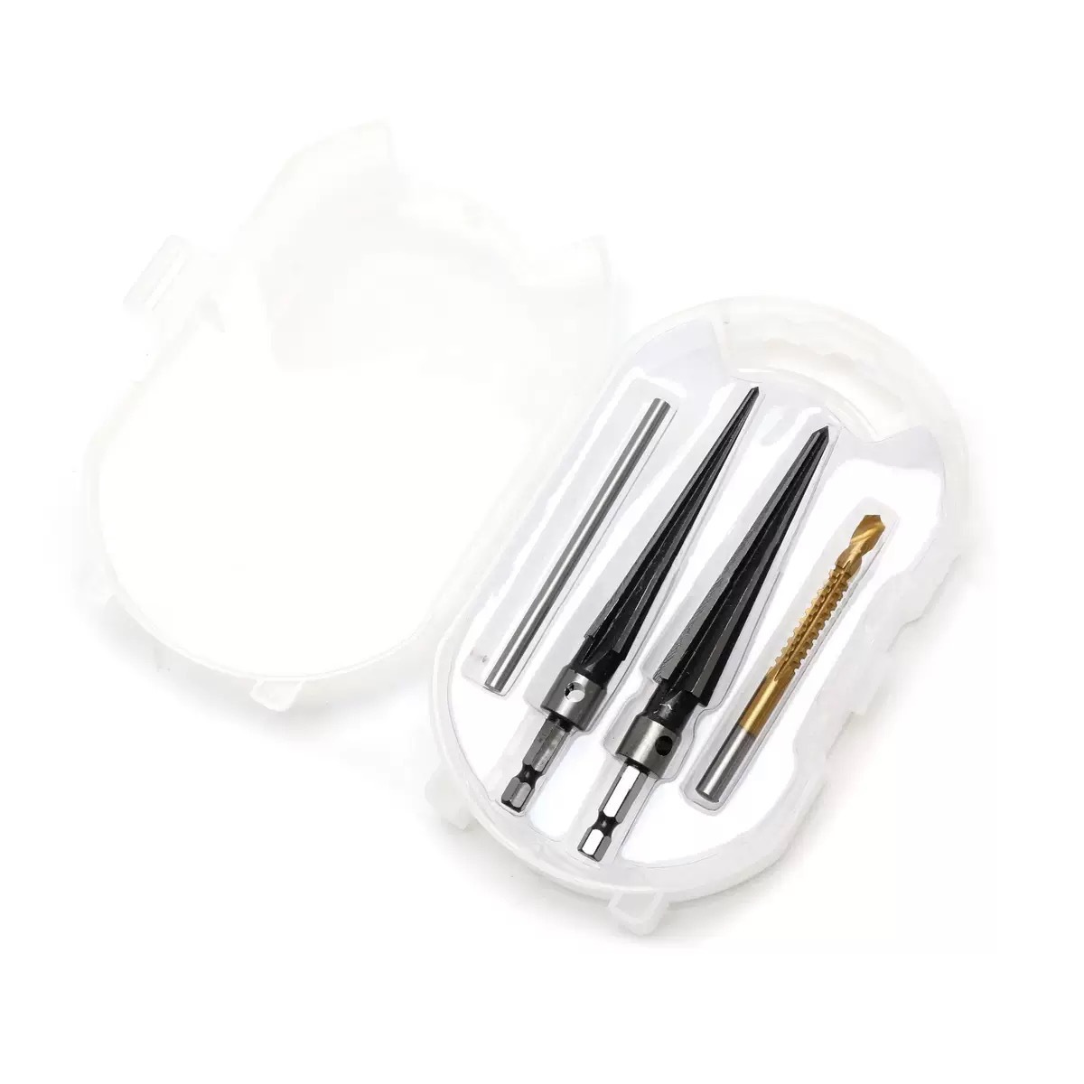 Conical reamer, hand reamer set, box, hand electric drill, hole opening, hole drilling, woodworking reamer tool, deburring, hole drilling details Picture