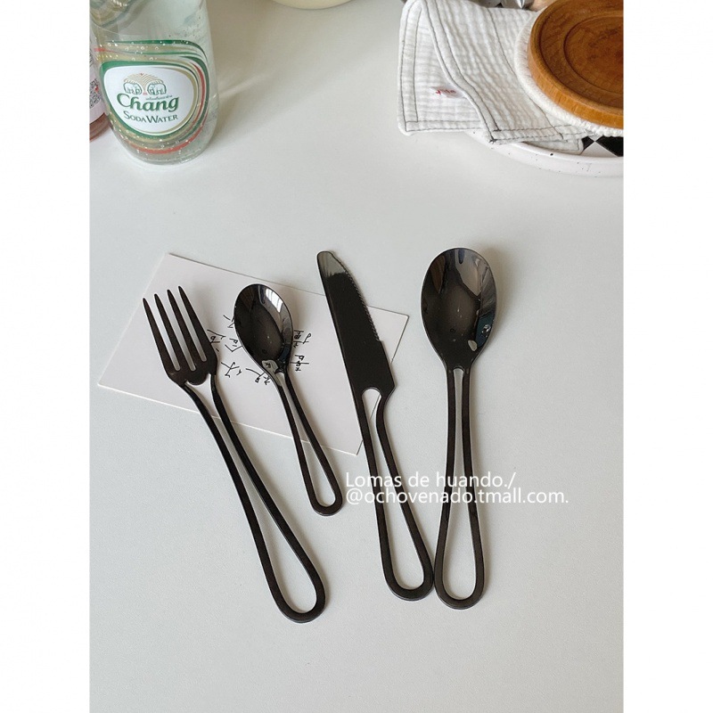 ins style stainless steel knife, fork and spoon Western tableware, metal style, black personality, rice spoon, steak knife, fruit fork, creative Item Picture