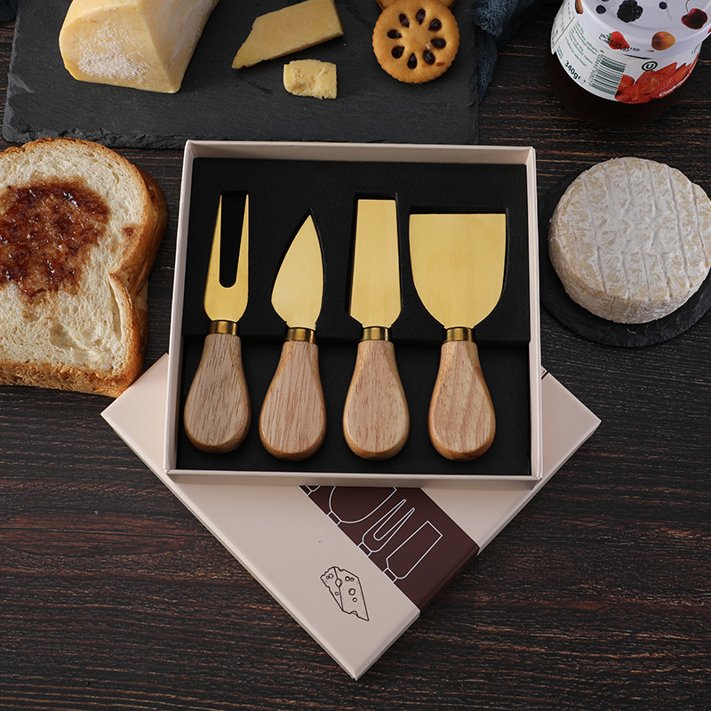 Factory shipment: Rubber wooden handle cheese tools, cheese knives, stainless steel cream and butter knives, cheese knife gift boxes Specification drawing