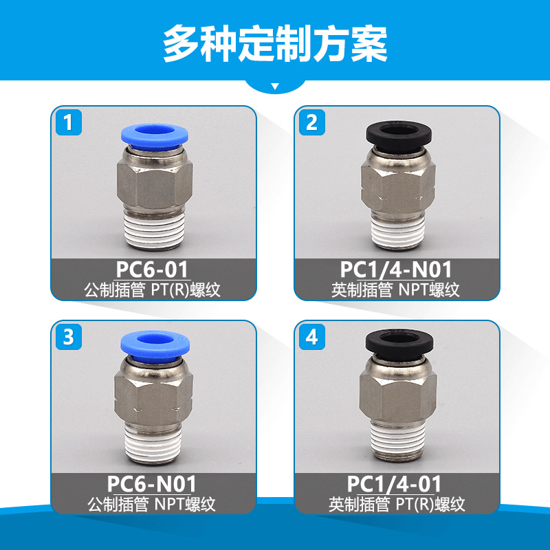 Pneumatic quick couplings PC8-02 threaded through, PC12-04, PC6-01, PC4-M5, M6 air pipe plug, PC10-03 Specification drawing