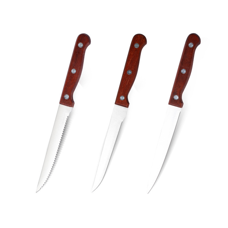 Factory wholesale of wooden-handled fruit knives, household serrated knives, sharp steak knives specially designed for hotels and Western cuisine, and pointed boning knives Item Picture