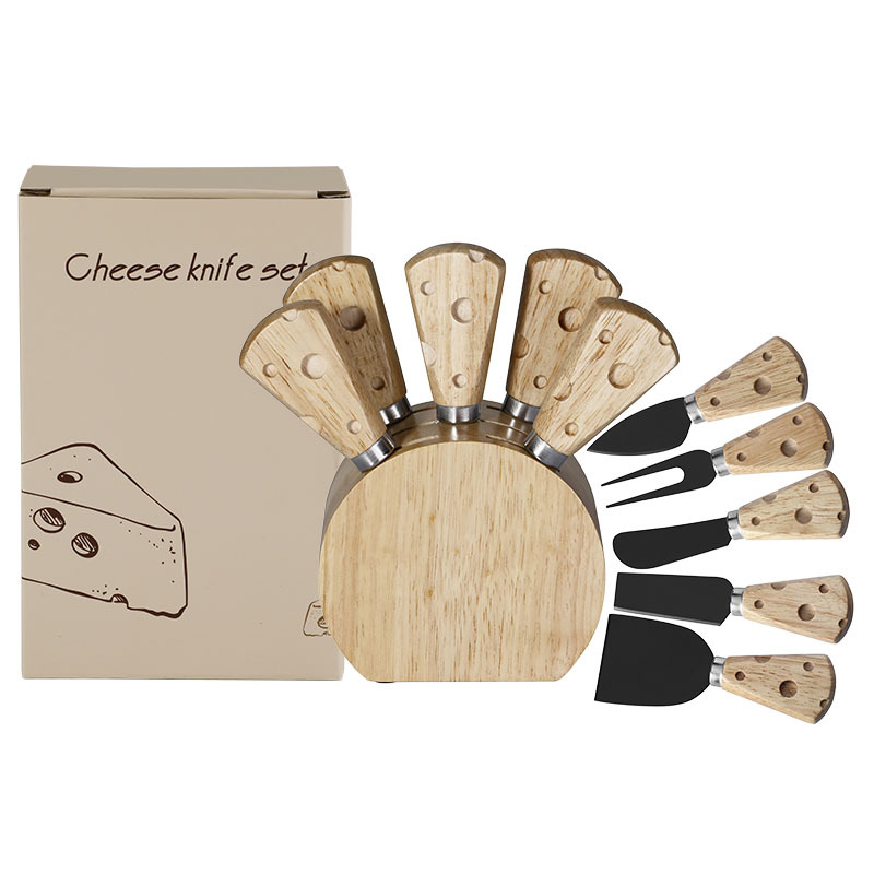 Cross-border stock rubber wooden handle cheese handle cheese knife set, stainless steel cheese knife and fork 6-piece set with wooden base Item Picture