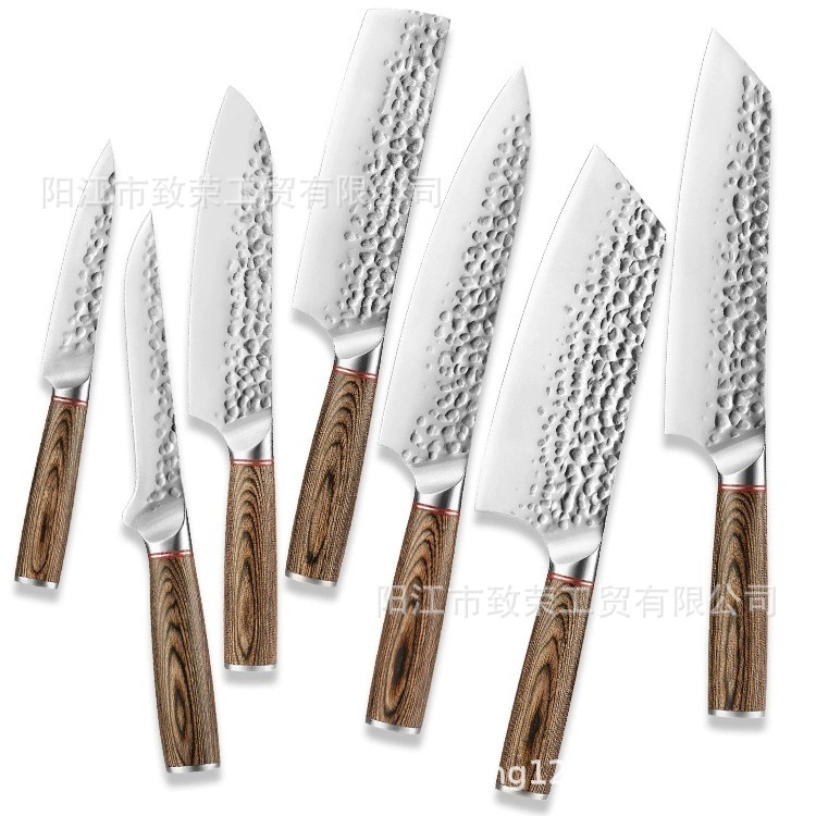 A 7-piece set of hand-forged kitchen knives with yellow wooden handles from an export-oriented manufacturer, Amazon knives, and chef knives Item Picture