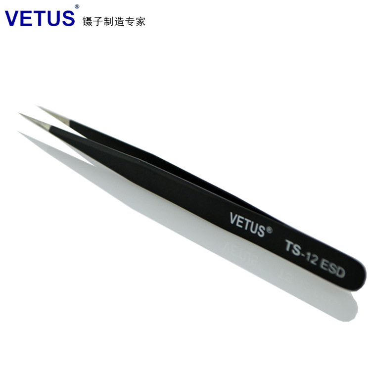 VETUS black tweezers, stainless steel pointed and curved tweezers, electrostatic adhesive ESD series TS-15ESD details Picture