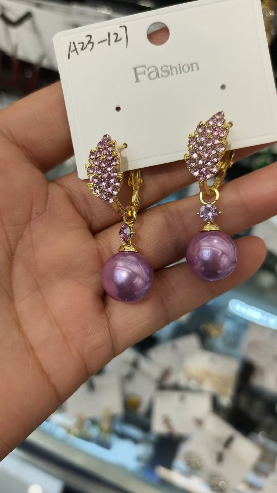 新款韩式时尚精致紫钻树叶珍珠耳坠小众设计法式耳环批发细节图