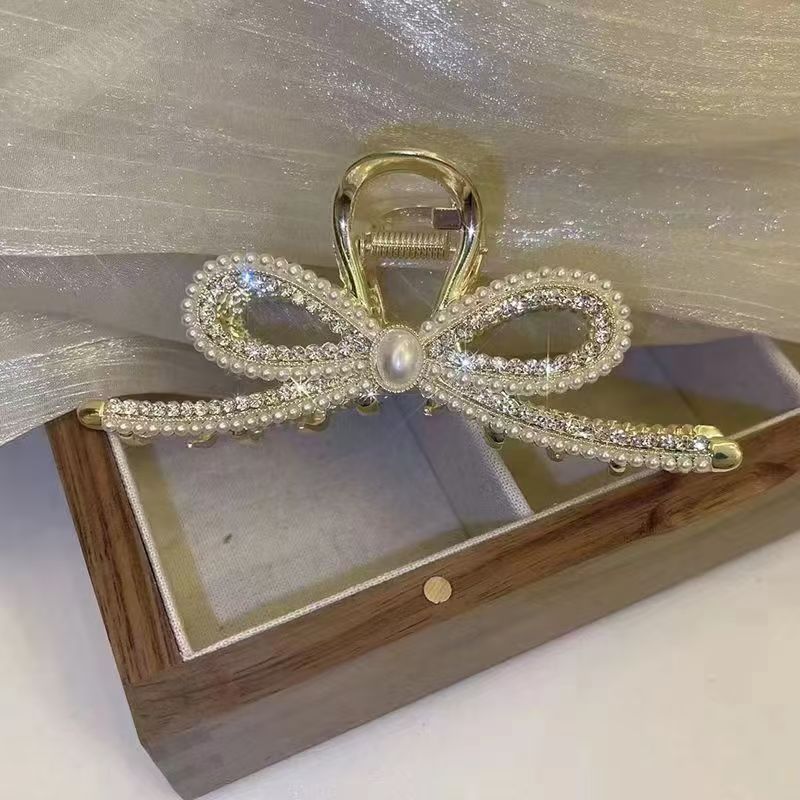 珍珠蝴蝶结大号抓夹简约百搭金属抓夹大号发量多后脑勺珍珠发夹女