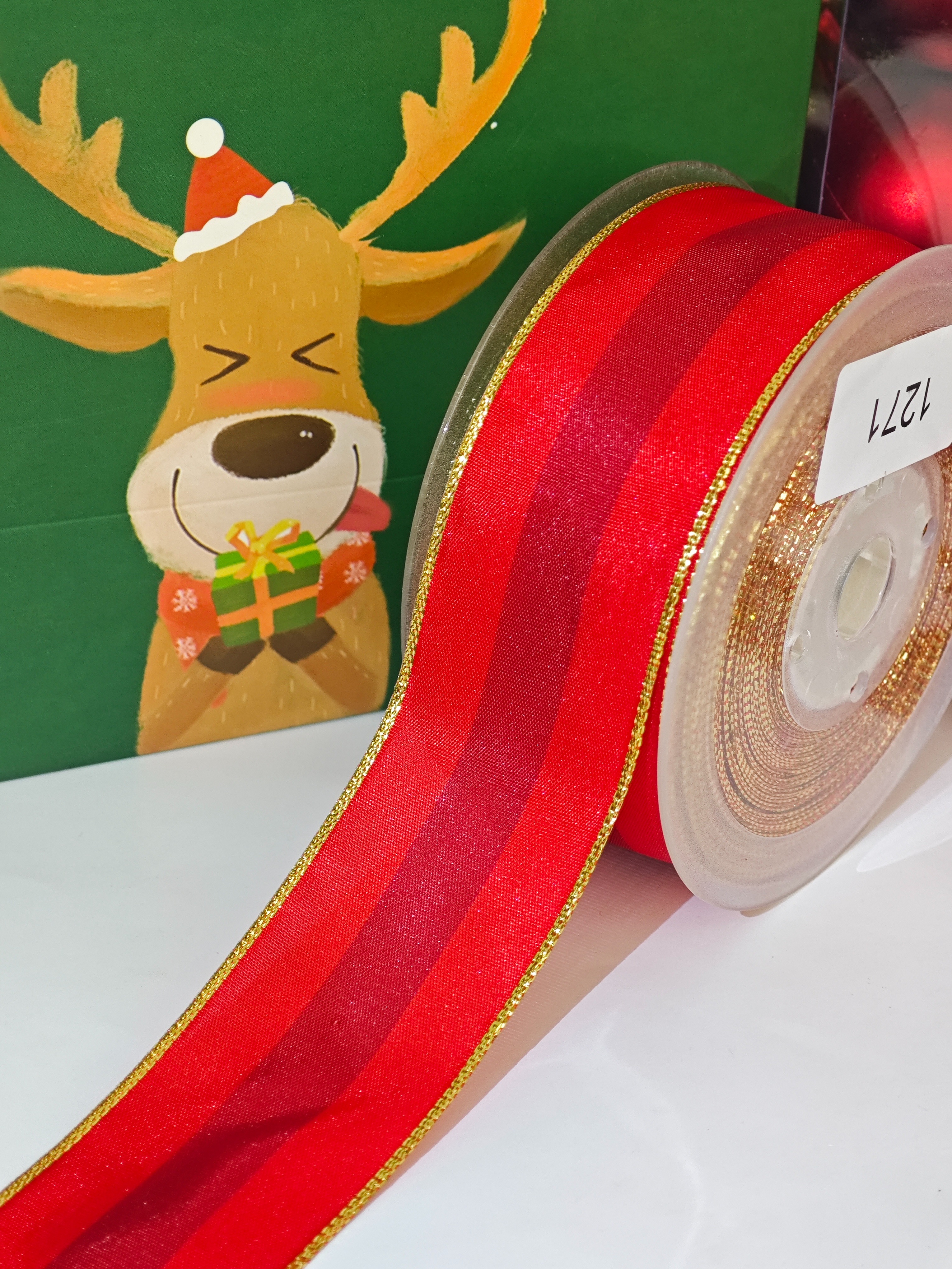 Item No. 1271 Christmas Gift Packaging Decoration DIY, with wine in the middle and big red Christmas webbing on both sides, 3.8cm Application Scenario