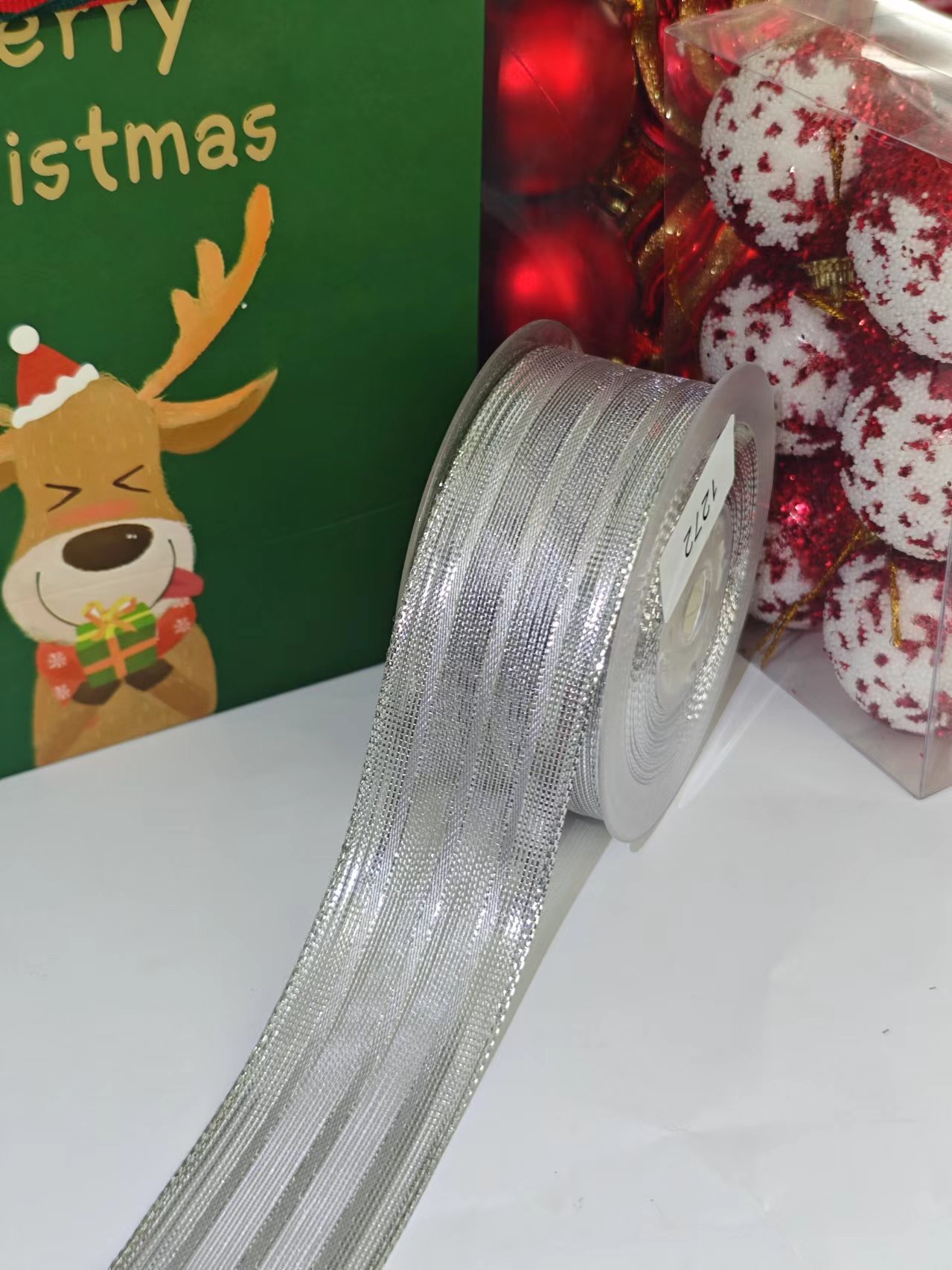 Item No. 1272 Christmas Gift Packaging Decoration DIY Silver onion Mesh Belt 3 strips Fine Grey Christmas Webbing 3.8cm Item Picture
