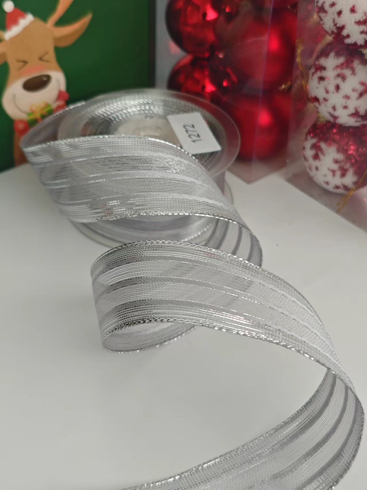 Item No. 1272 Christmas Gift Packaging Decoration DIY Silver onion Mesh Belt 3 strips Fine Grey Christmas Webbing 3.8cm Application Scenario