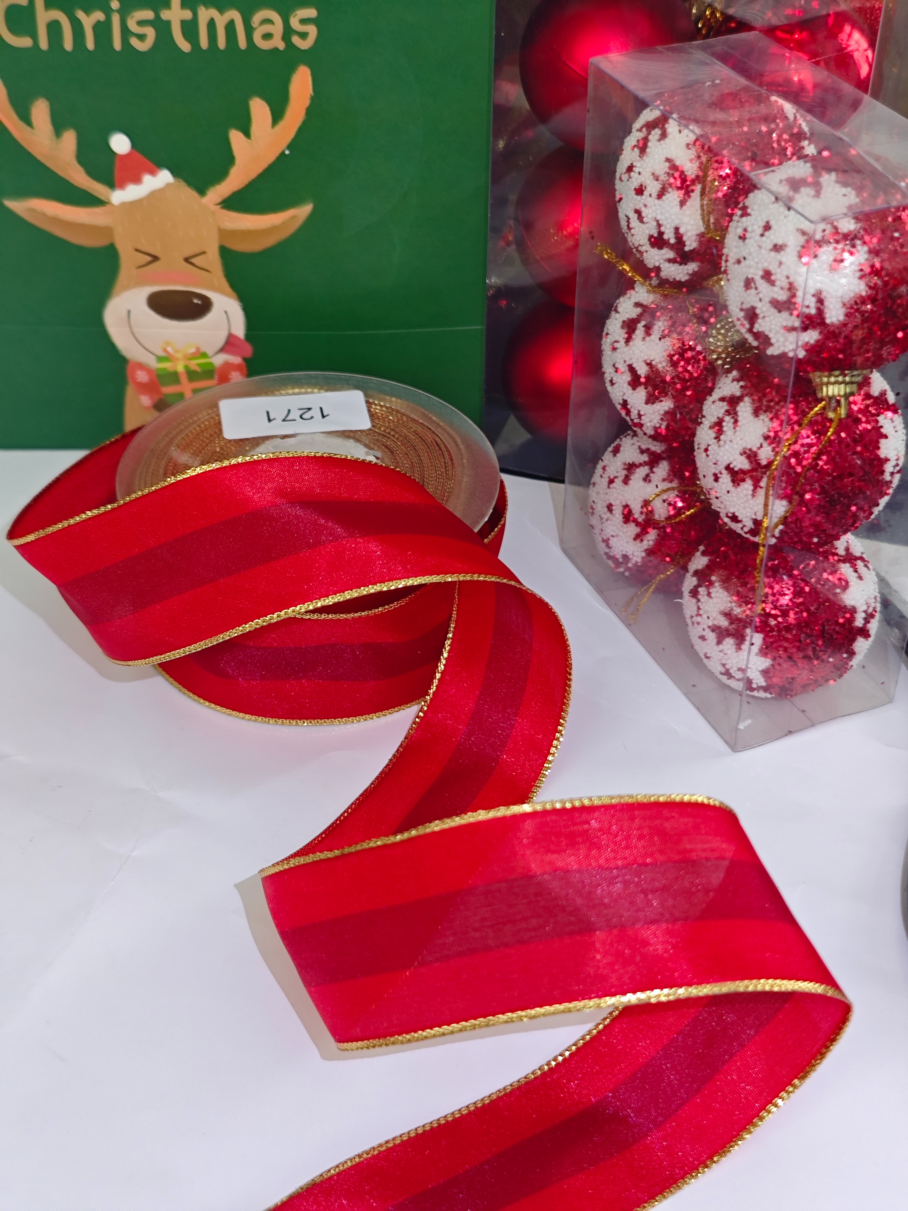 Item No. 1271 Christmas Gift Packaging Decoration DIY, with wine in the middle and big red Christmas webbing on both sides, 3.8cm Item Picture